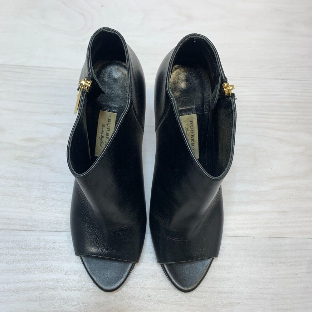 Burberry Ankle Boots Women's Size 8.5 Black Leather Peep Toe Stiletto Heels - Picture 13 of 13